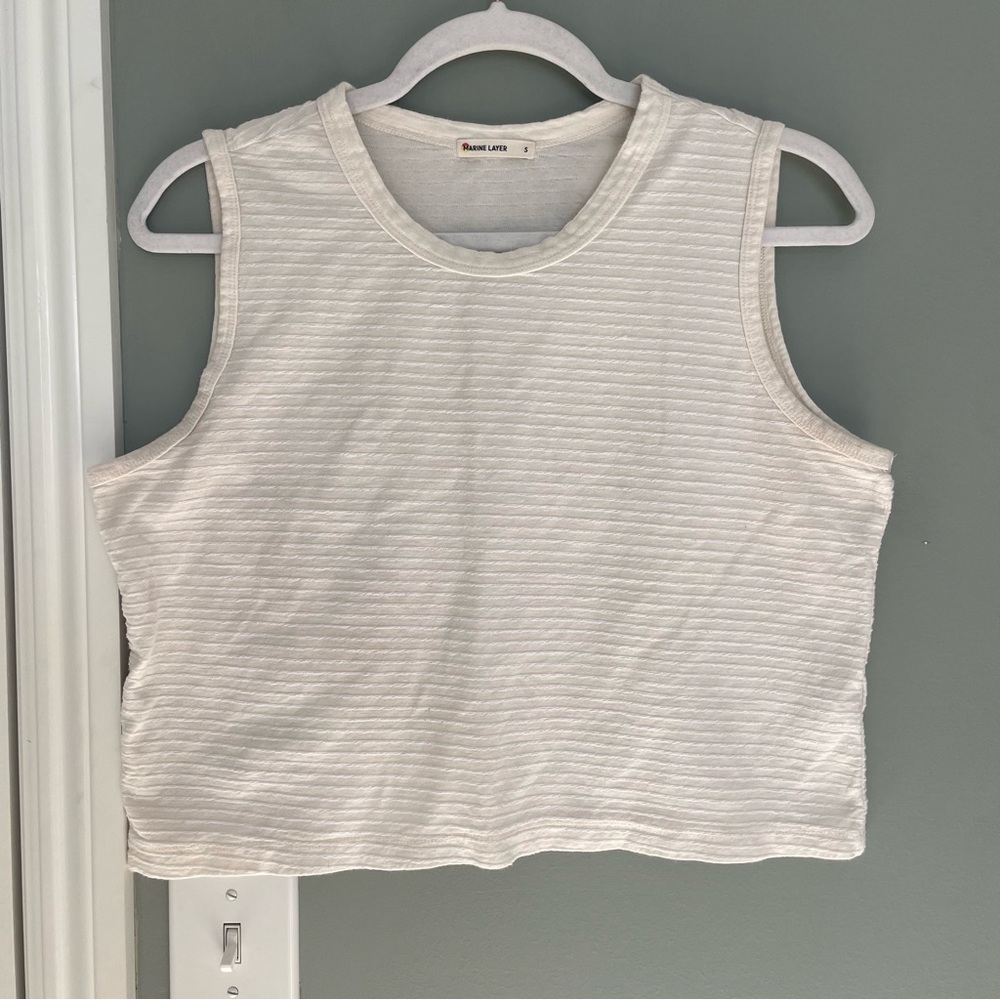 Marine Layer "Lydia" Textured White Cream Stripe Cropped Tank - Picture 3 of 16